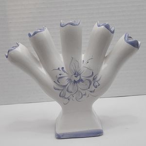 Vintage Five Finger Blue and White Hand Painted Bud Vase.